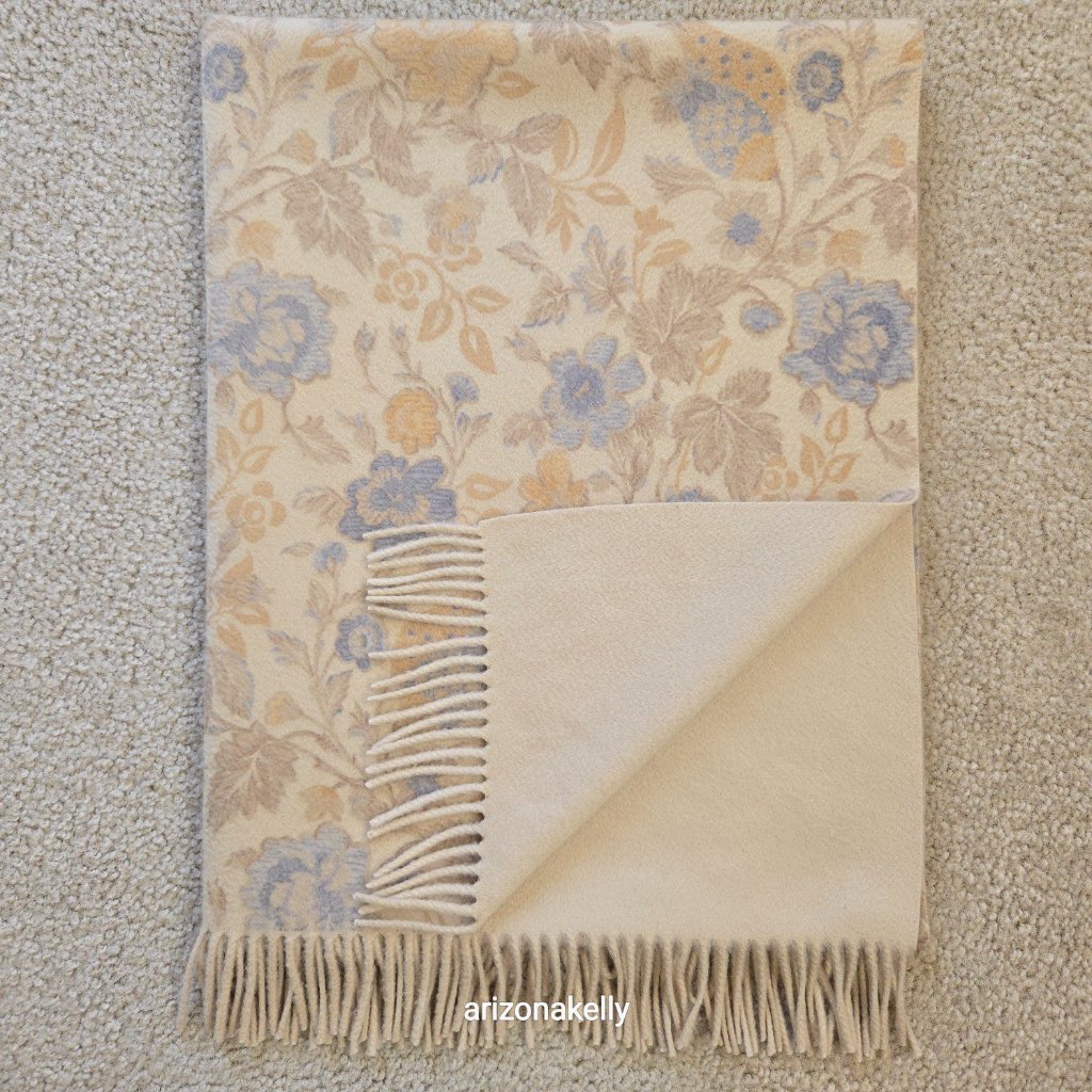 Lora Piana Cashmere Fringed Scarf Reversible Floral To Creme